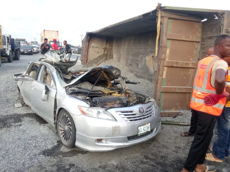 Truck Crushes Toyota at Eleko; Husband Dead, Wife Critical.